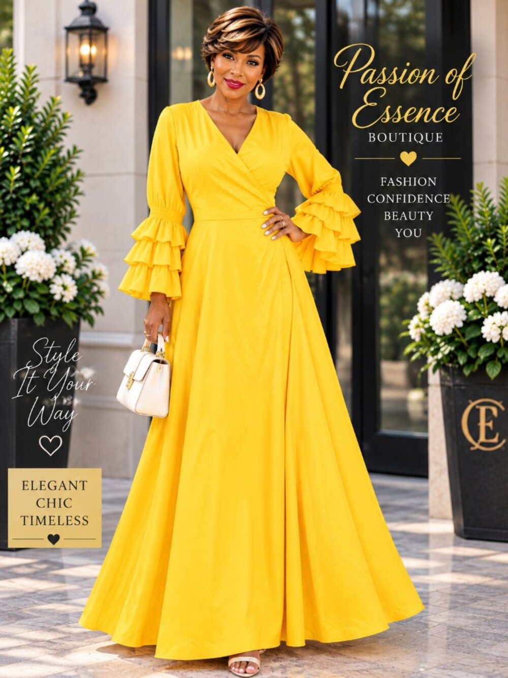 Yellow Wrap Maxi Dress Tiered Ruffle Sleeves One Size